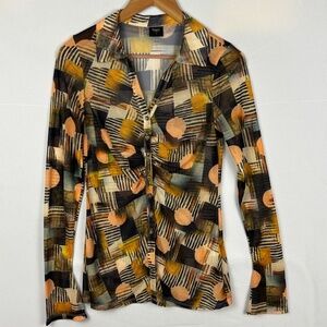 Blanc Womens Long Sleeve Button Down Mesh Shirt Sz S Top Sheer Disco Retro Y2K